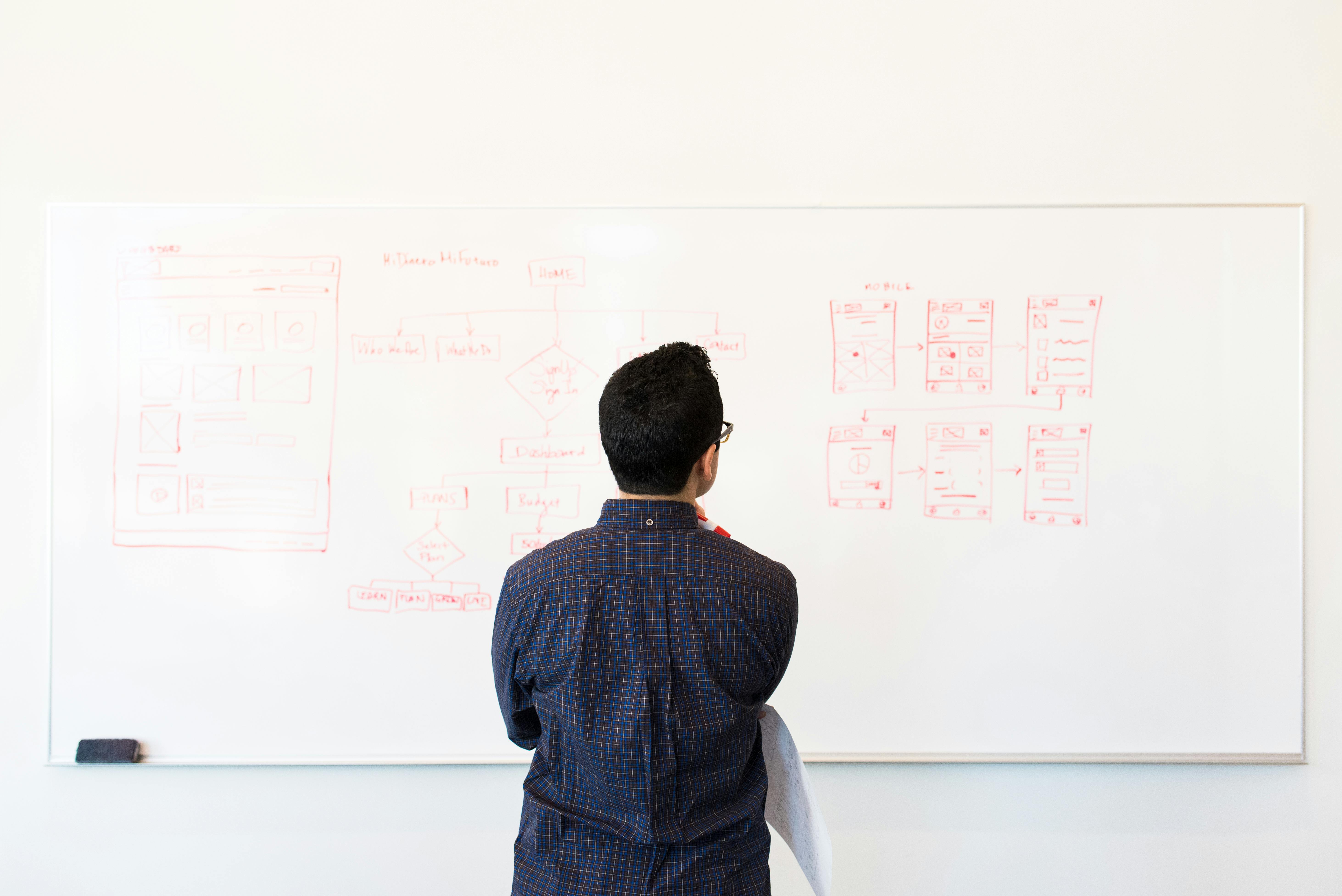 Person looking at hierarchy charts on whiteboard