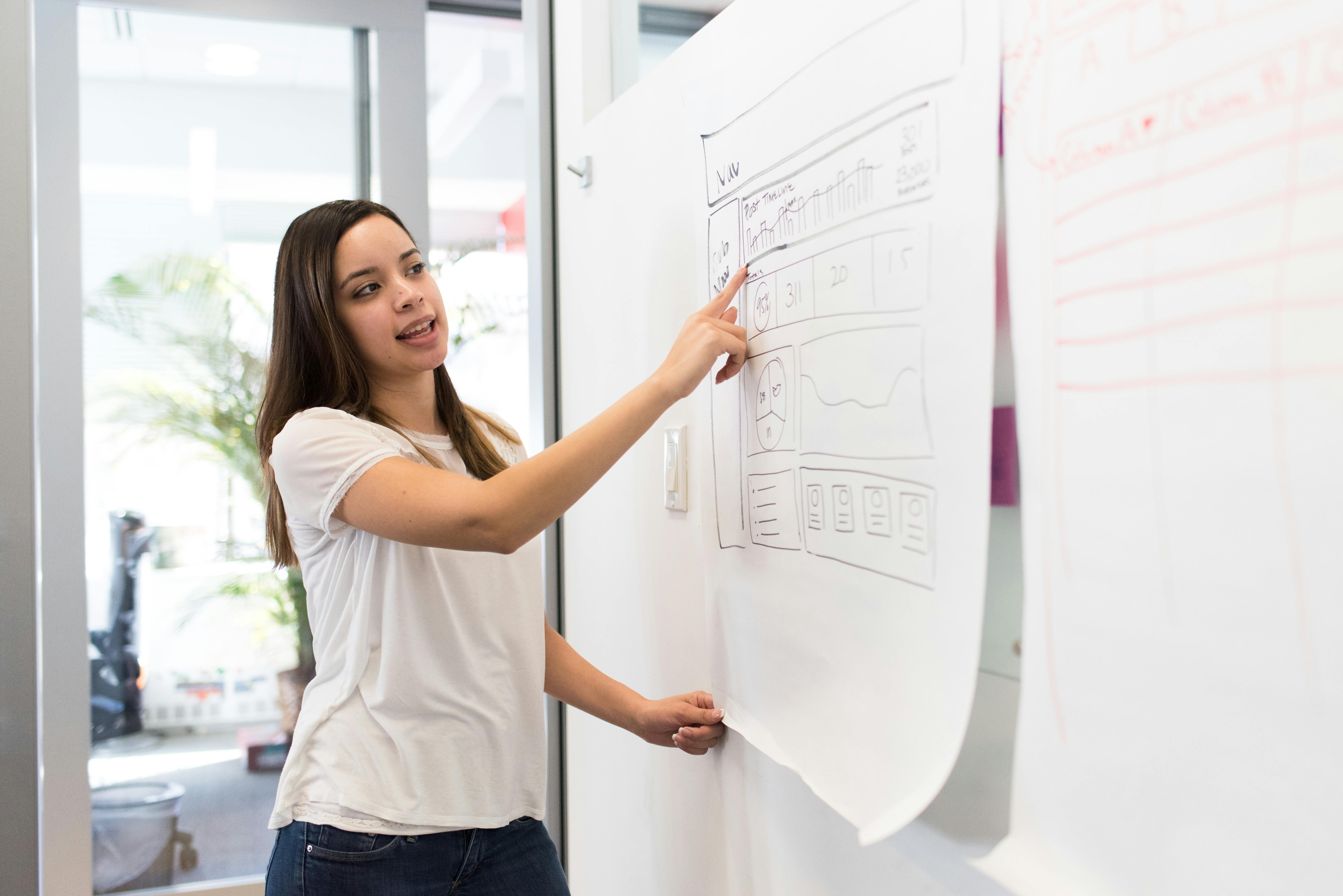 Woman pointing to a white sheet of paper with charts