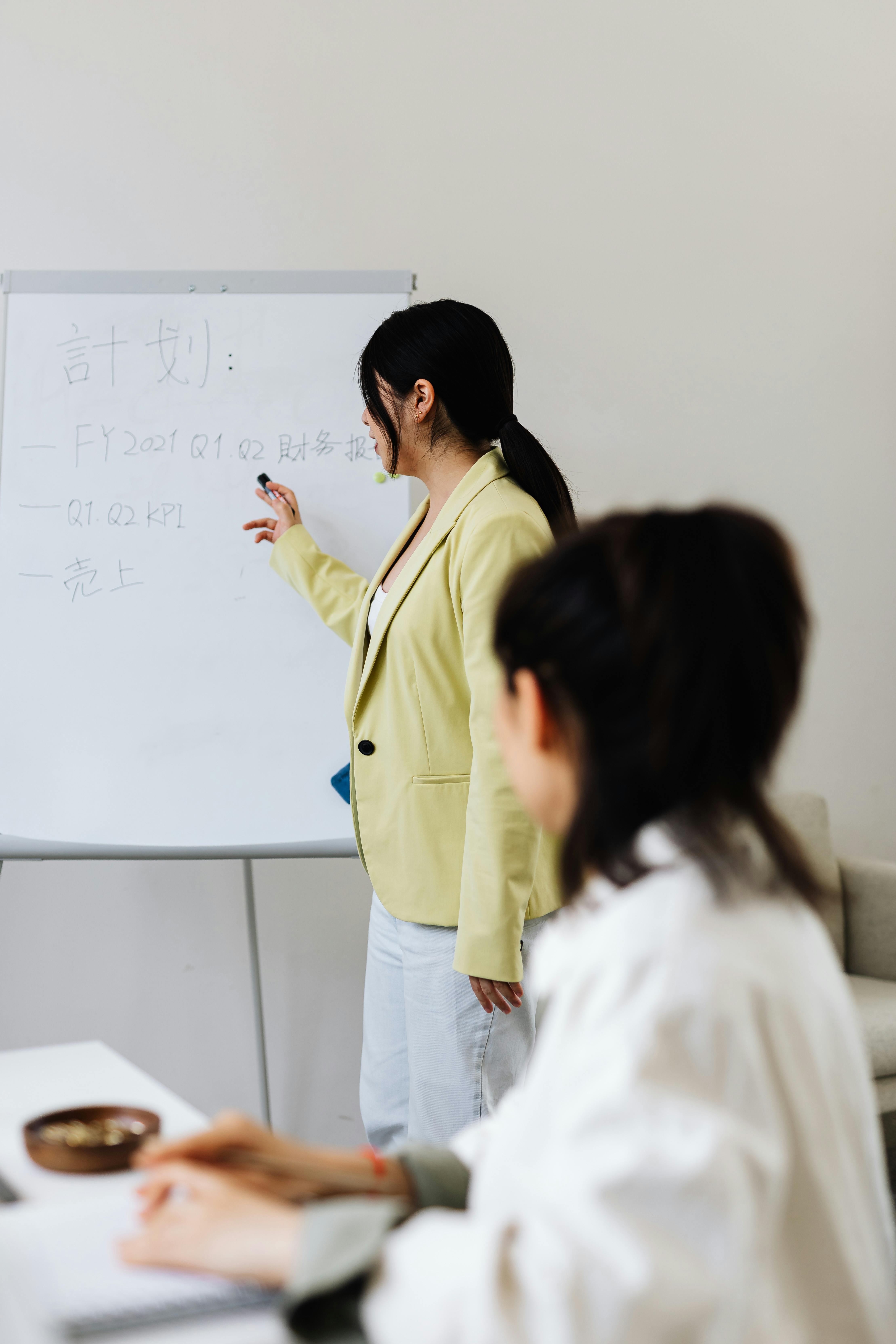 Woman presenting at a whiteboard.