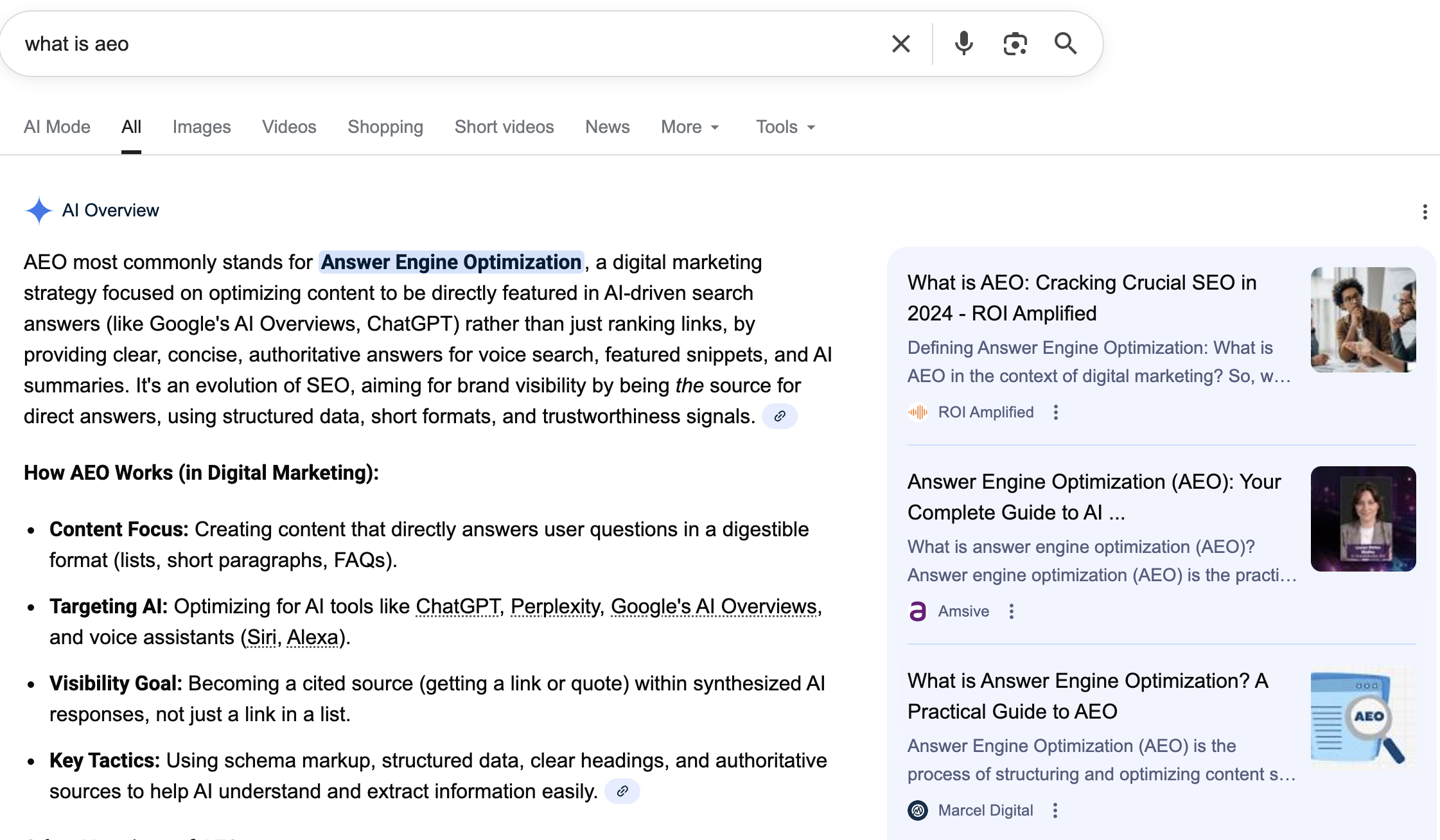 A screenshot of an AI overview for the query "What is AEO?"