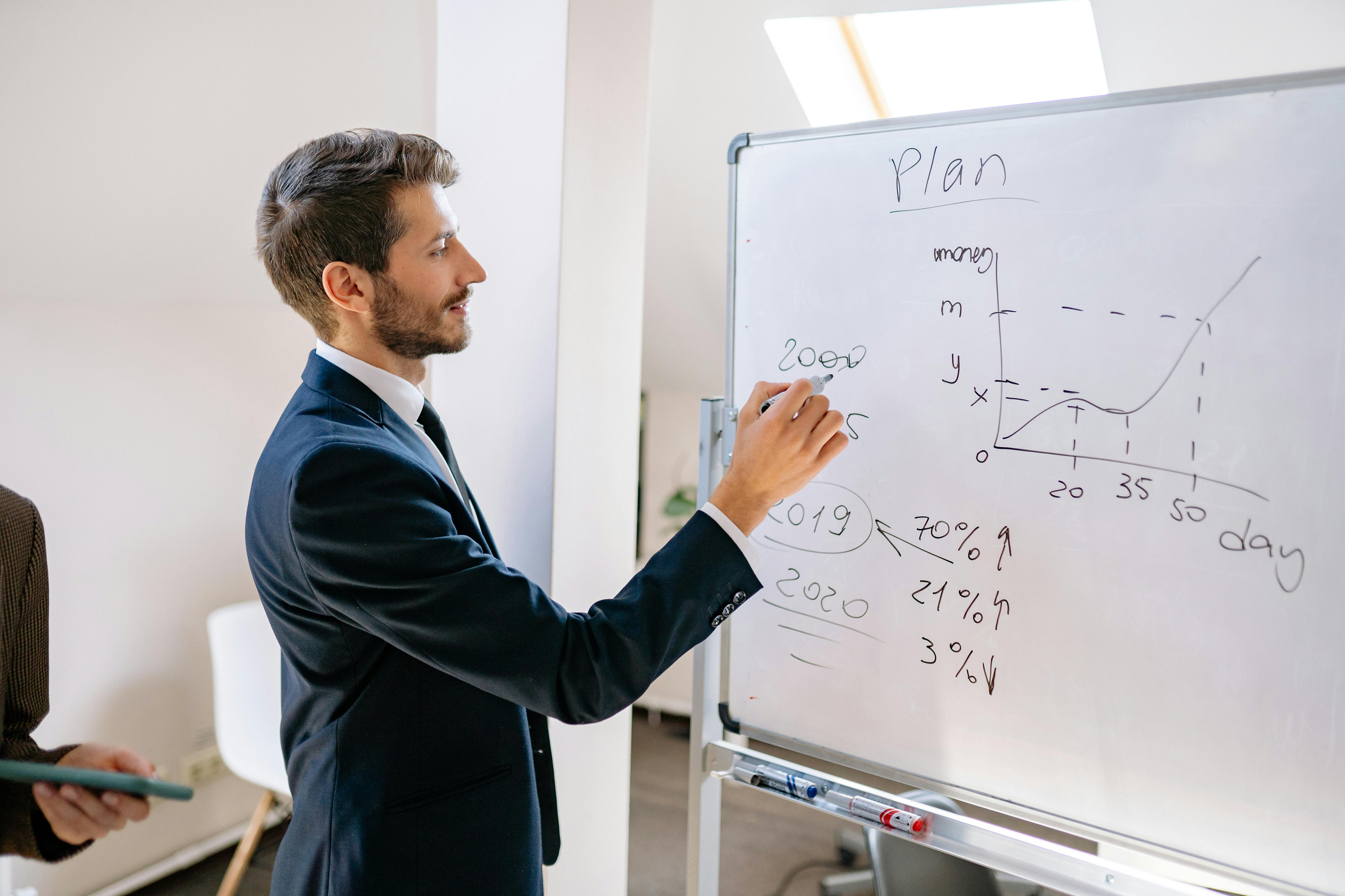 A man in a suit writes on a whiteboard that shows data points and says, "Plans."